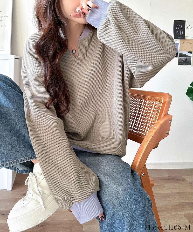 【 クラシカルエルフ classical elf 】 ワッフル ロンT レディース トップス Tシャツ キーネック ゆったり オーバーサイズ 配色 プルオーバー | classicalelf | 13