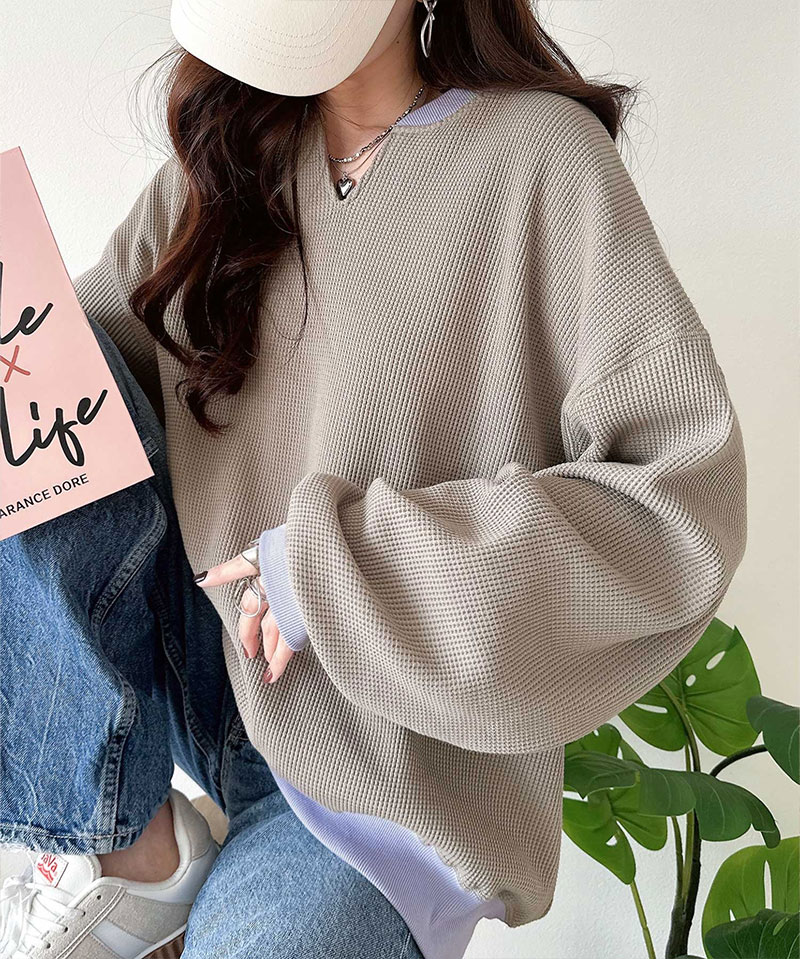 【 クラシカルエルフ classical elf 】 ワッフル ロンT レディース トップス Tシャツ キーネック ゆったり オーバーサイズ 配色 プルオーバー | classicalelf | 15