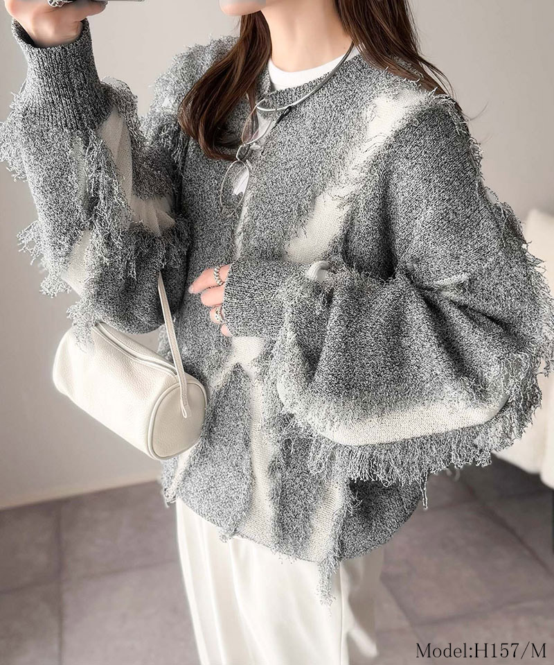 【 クラシカルエルフ classical elf 】 ニット レディース ゆったり トップス セーター フリンジ配色 ジャガード オーバーサイズ 長袖 華やか | classicalelf | 02