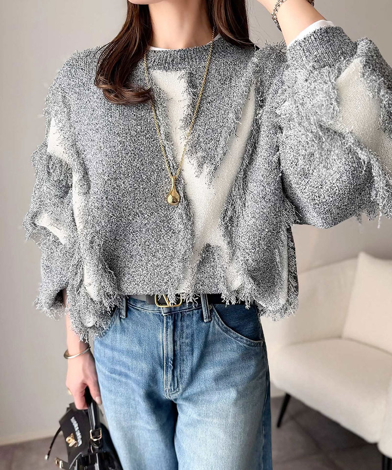 【 クラシカルエルフ classical elf 】 ニット レディース ゆったり トップス セーター フリンジ配色 ジャガード オーバーサイズ 長袖 華やか | classicalelf | 04