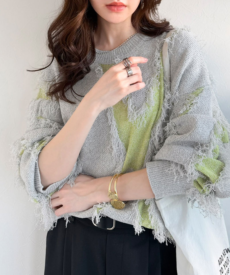 【 クラシカルエルフ classical elf 】 ニット レディース ゆったり トップス セーター フリンジ配色 ジャガード オーバーサイズ 長袖 華やか | classicalelf | 07