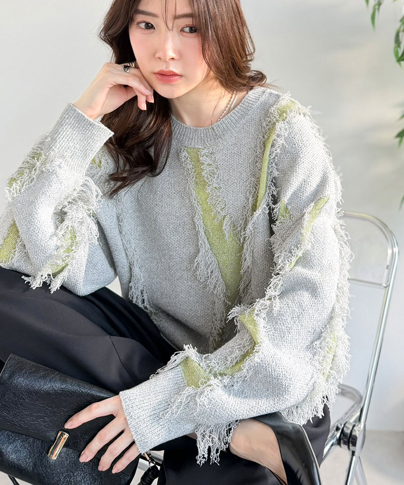【 クラシカルエルフ classical elf 】 ニット レディース ゆったり トップス セーター フリンジ配色 ジャガード オーバーサイズ 長袖 華やか | classicalelf | 08