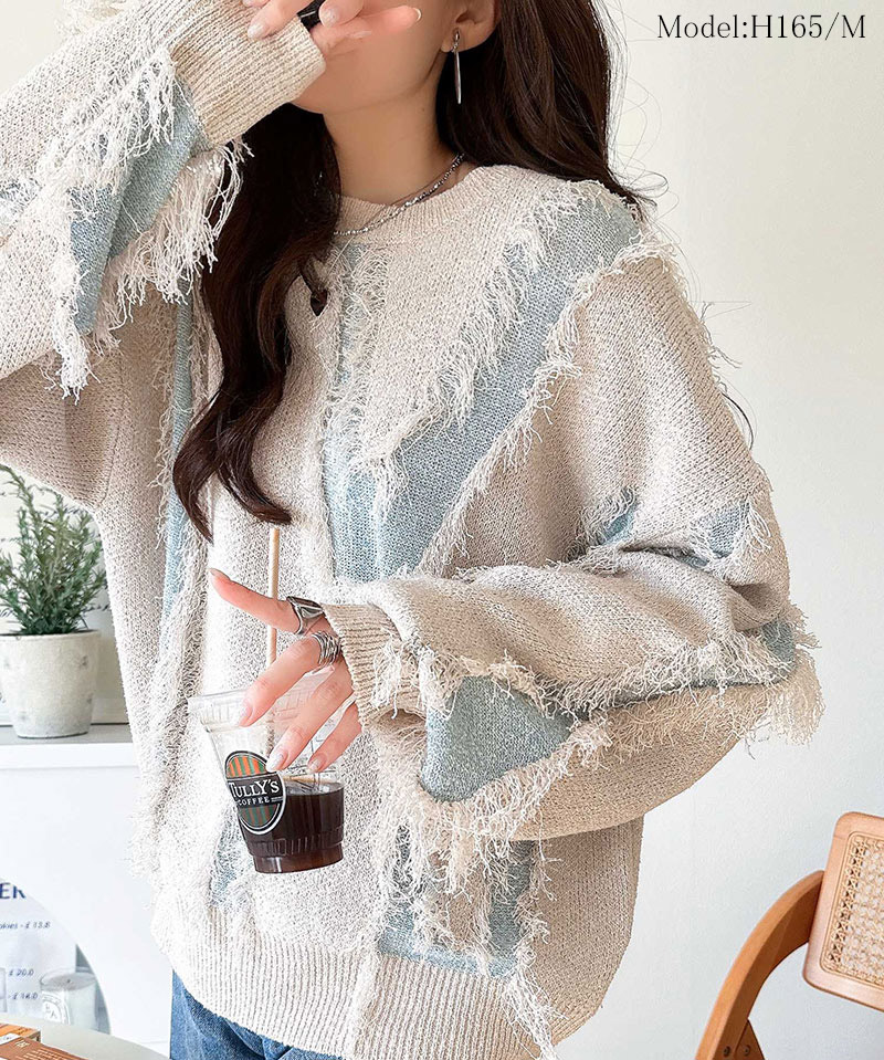 【 クラシカルエルフ classical elf 】 ニット レディース ゆったり トップス セーター フリンジ配色 ジャガード オーバーサイズ 長袖 華やか | classicalelf | 09