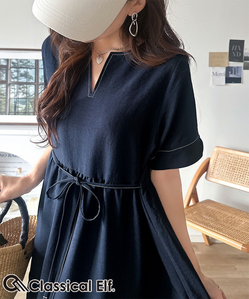 【 クラシカルエルフ classical elf 】 【接触冷感・吸水速乾・UVカット・防シワ機能付き】 ワンピース レディースキーネック リボン ティアード | classicalelf