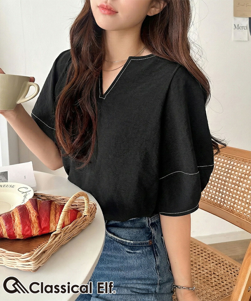 【 クラシカルエルフ classical elf 】 【UVカット、接触冷感、吸水速乾、防シワ機能付き】トップス シャツ レディース配色ステッチランタンスリーブ | classicalelf
