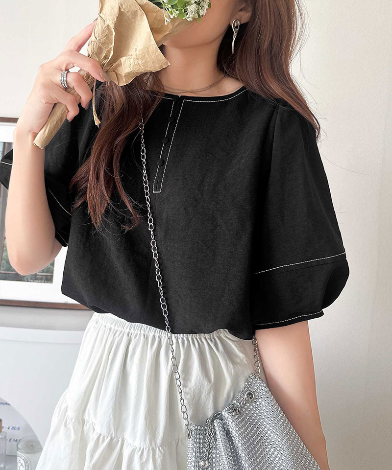 【 クラシカルエルフ classical elf 】 【UVカット、接触冷感、吸水速乾、防シワ機能付き】トップス シャツ レディース配色ステッチランタンスリーブ | classicalelf | 07