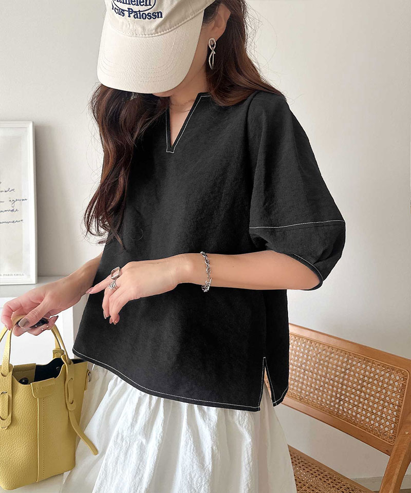 【 クラシカルエルフ classical elf 】 【UVカット、接触冷感、吸水速乾、防シワ機能付き】トップス シャツ レディース配色ステッチランタンスリーブ | classicalelf | 08