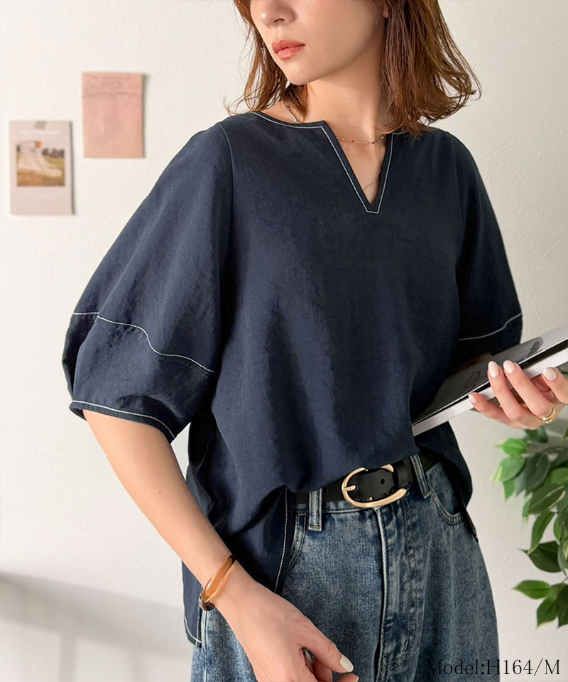 【 クラシカルエルフ classical elf 】 【UVカット、接触冷感、吸水速乾、防シワ機能付き】トップス シャツ レディース配色ステッチランタンスリーブ | classicalelf | 10