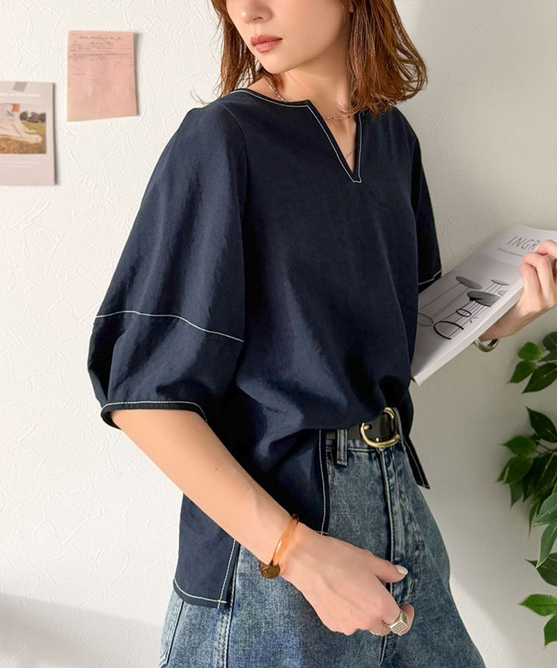 【 クラシカルエルフ classical elf 】 【UVカット、接触冷感、吸水速乾、防シワ機能付き】トップス シャツ レディース配色ステッチランタンスリーブ | classicalelf | 11