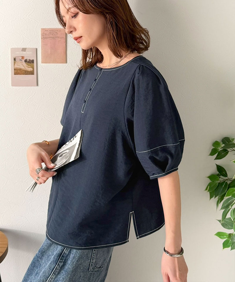 【 クラシカルエルフ classical elf 】 【UVカット、接触冷感、吸水速乾、防シワ機能付き】トップス シャツ レディース配色ステッチランタンスリーブ | classicalelf | 12