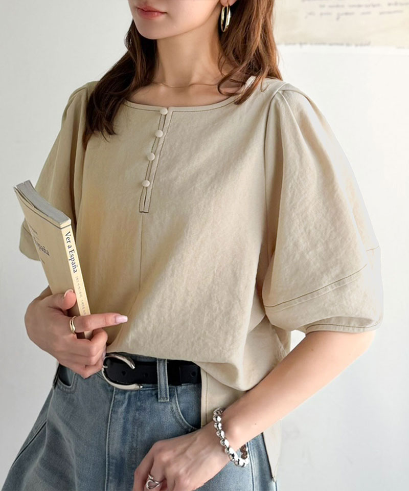 【 クラシカルエルフ classical elf 】 【UVカット、接触冷感、吸水速乾、防シワ機能付き】トップス シャツ レディース配色ステッチランタンスリーブ | classicalelf | 14