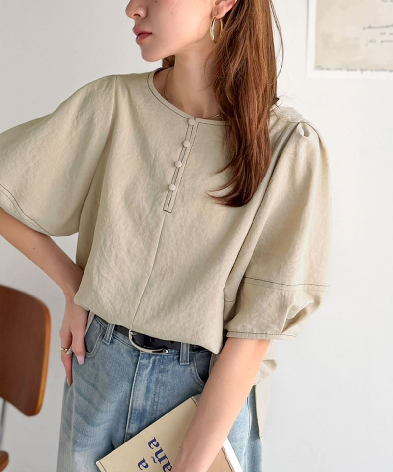 【 クラシカルエルフ classical elf 】 【UVカット、接触冷感、吸水速乾、防シワ機能付き】トップス シャツ レディース配色ステッチランタンスリーブ | classicalelf | 15