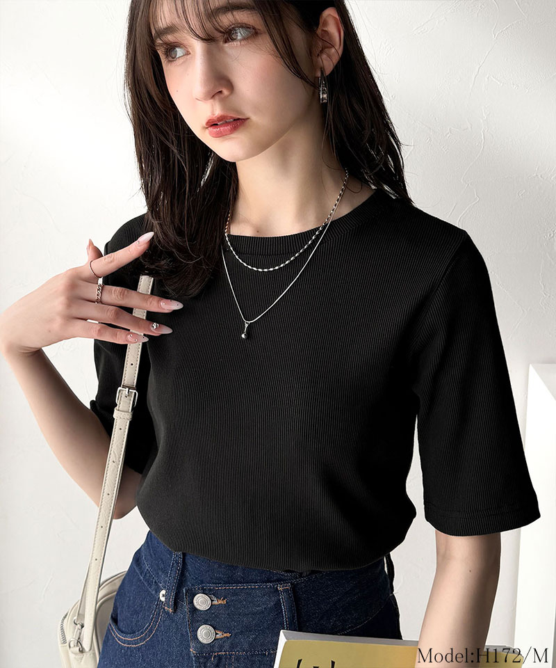 さりげなく華奢見せで大人の魅力アップ。5分袖ストレッチリブコンパクトトップス Classical Elf クラシカルエルフ ce1290005 | classicalelf | 11