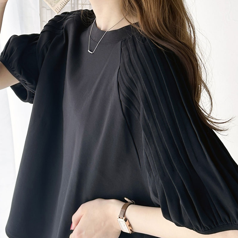 tシャツ 裾カーブバルーントップス レディース LADY LIKE tシャツ バルーンスリーブ裾レースTシャツ レディース