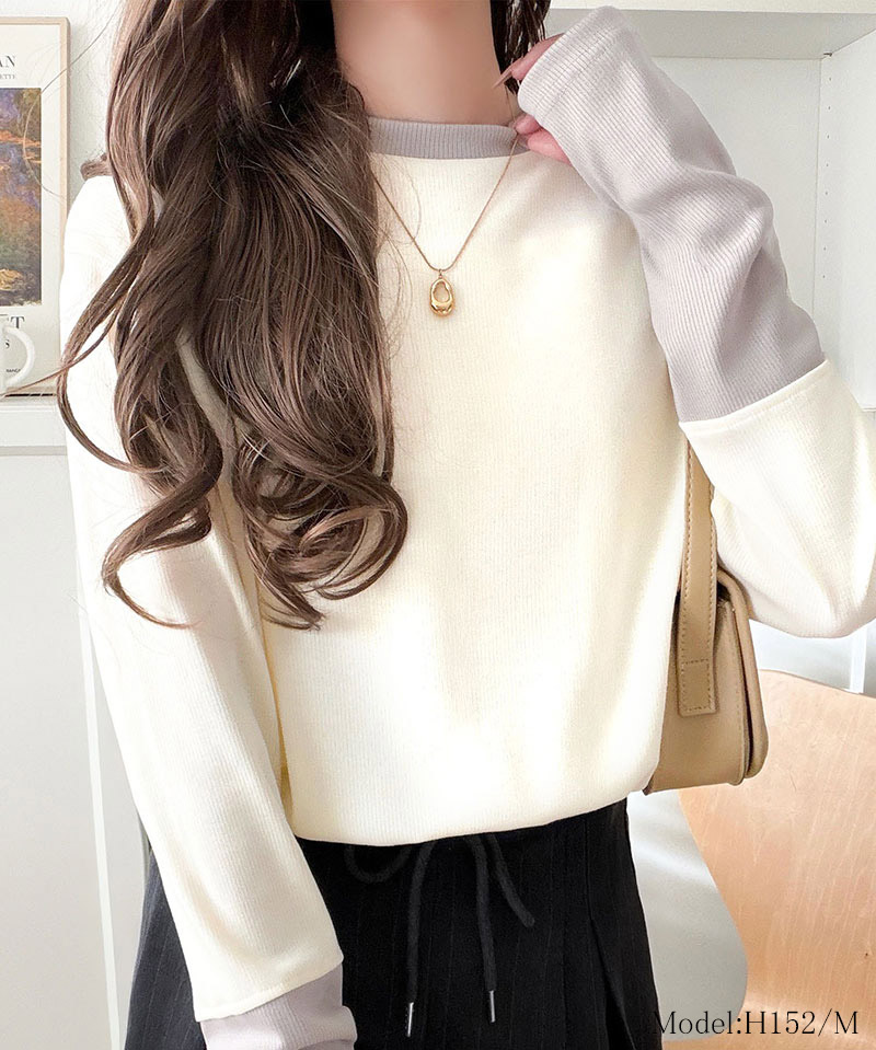 【 クラシカルエルフ classical elf 】 トップス ニット レディース 袖配色切り替え リブニット プルオーバー 長袖 指穴付き レイヤード 重ね着 | classicalelf | 02