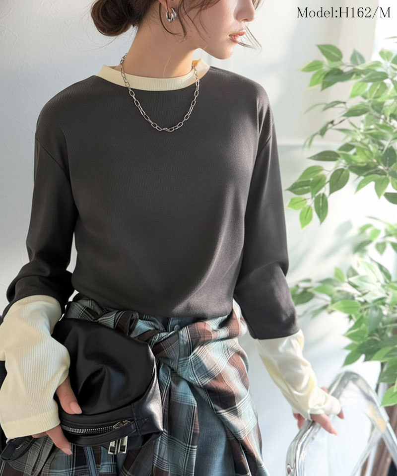 【 クラシカルエルフ classical elf 】 トップス ニット レディース 袖配色切り替え リブニット プルオーバー 長袖 指穴付き レイヤード 重ね着 | classicalelf | 09