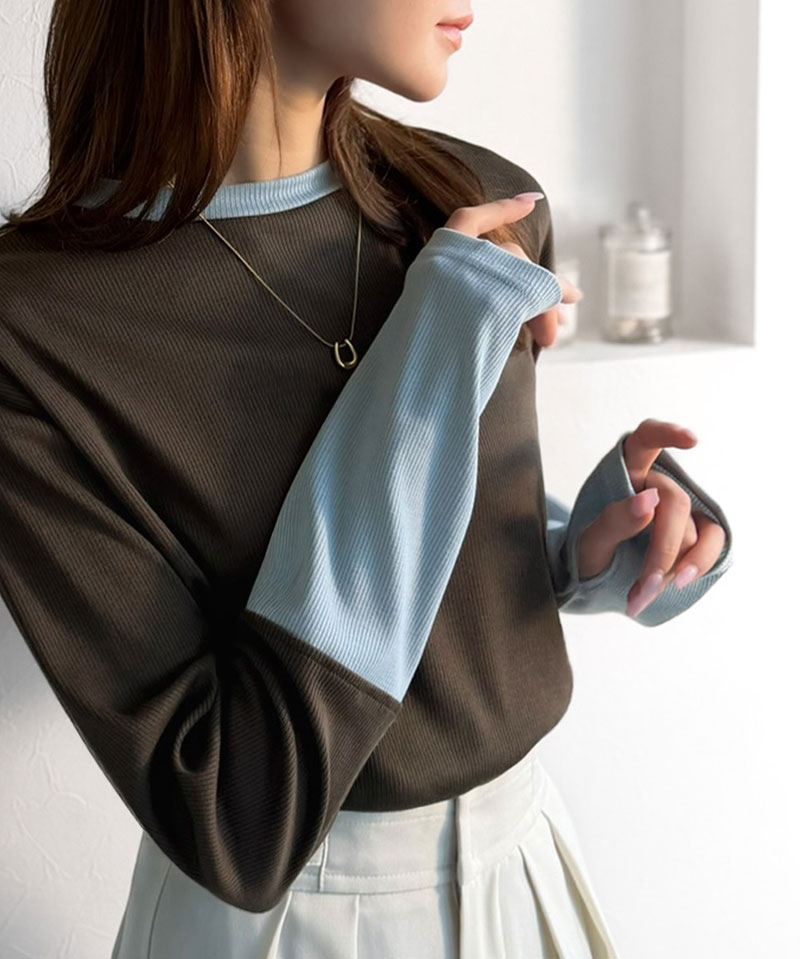 【 クラシカルエルフ classical elf 】 トップス ニット レディース 袖配色切り替え リブニット プルオーバー 長袖 指穴付き レイヤード 重ね着 | classicalelf | 14