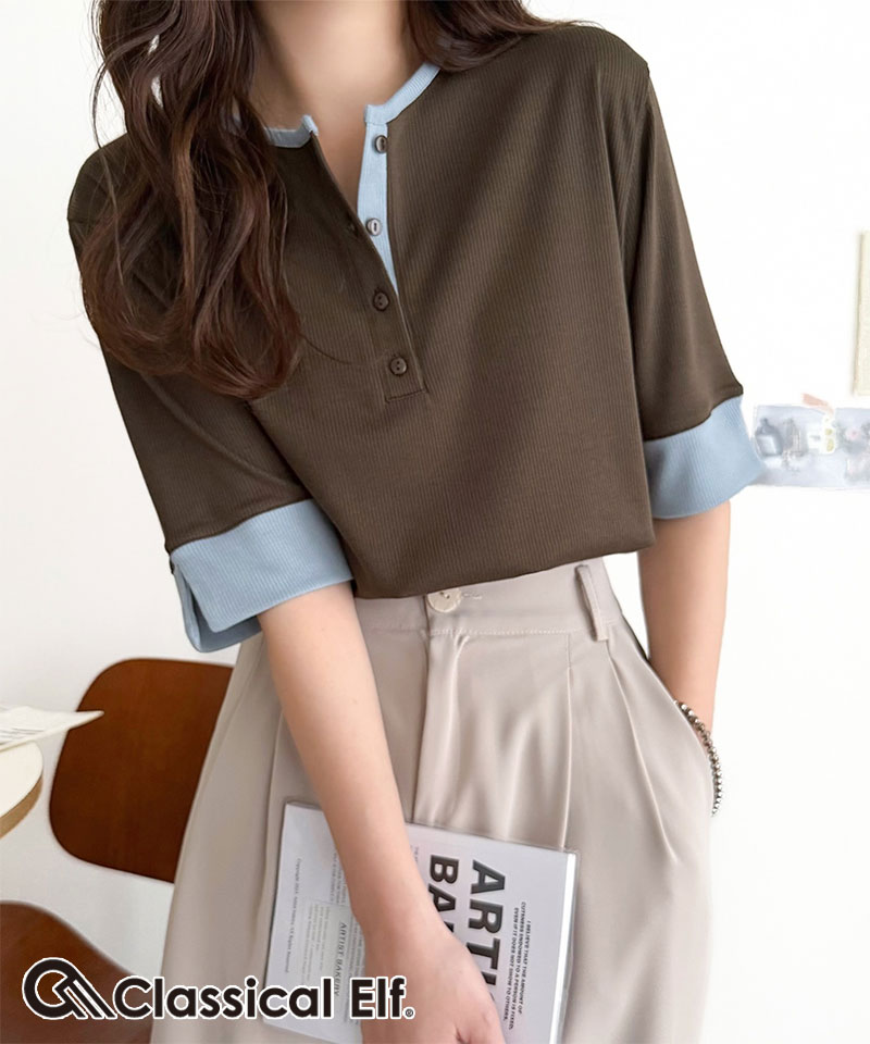 【 クラシカルエルフ classical elf 】 Tシャツ レディース 半袖 カットソー ヘンリーネック テレコ素材 | classicalelf