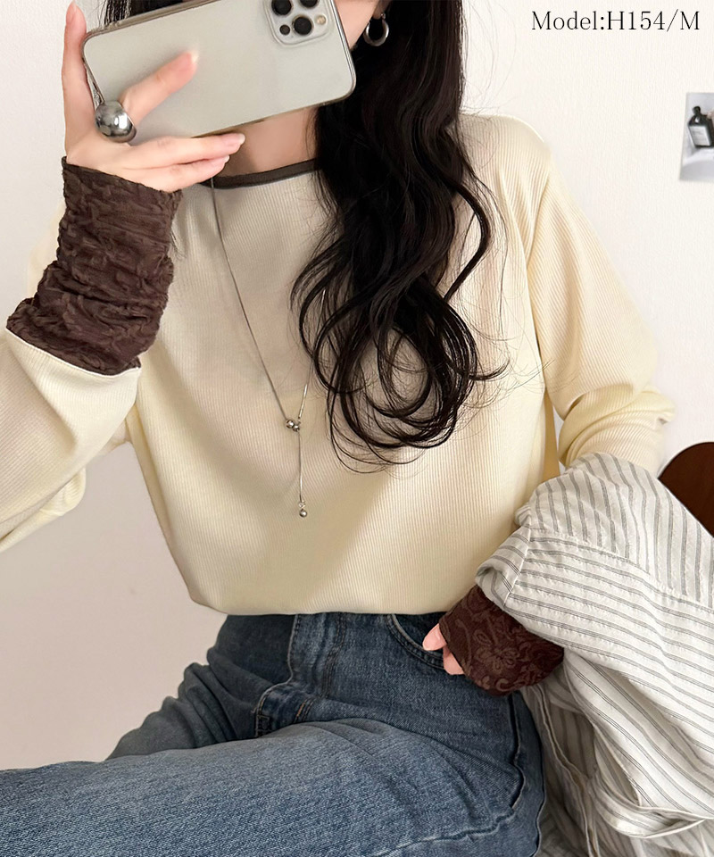 【 クラシカルエルフ classical elf 】カットソー 長袖 レディース トップス ジャガード 切り替え リブ 立体感 配色デザイン ふくれジャガード コンパクト | classicalelf | 02