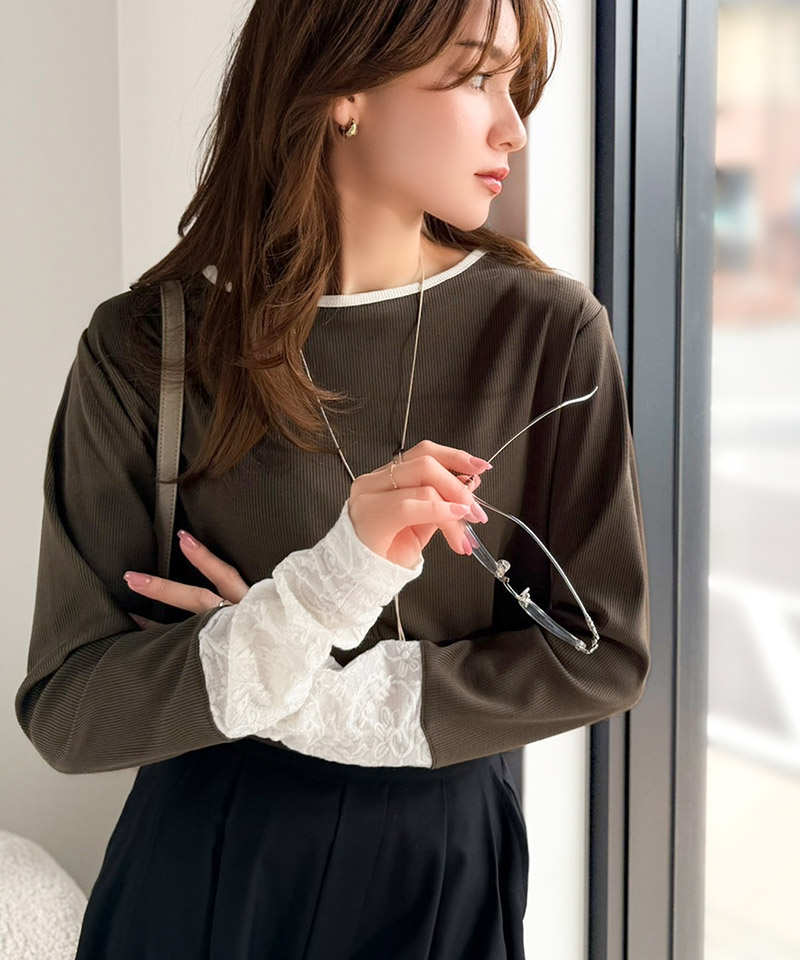 【 クラシカルエルフ classical elf 】カットソー 長袖 レディース トップス ジャガード 切り替え リブ 立体感 配色デザイン ふくれジャガード コンパクト | classicalelf | 14