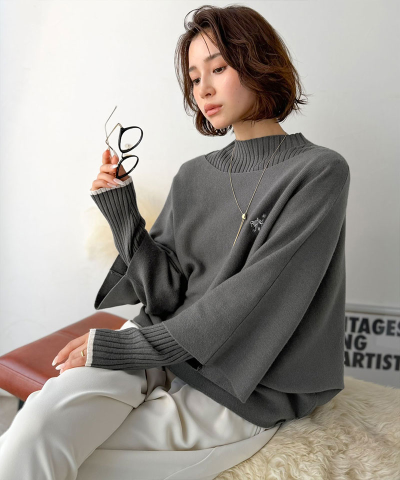 【2点セット】リブニット×ドルマンニット胸刺繍入り配色レイヤードニット Classical Elf クラシカルエルフ ce1350018 | classicalelf | 12