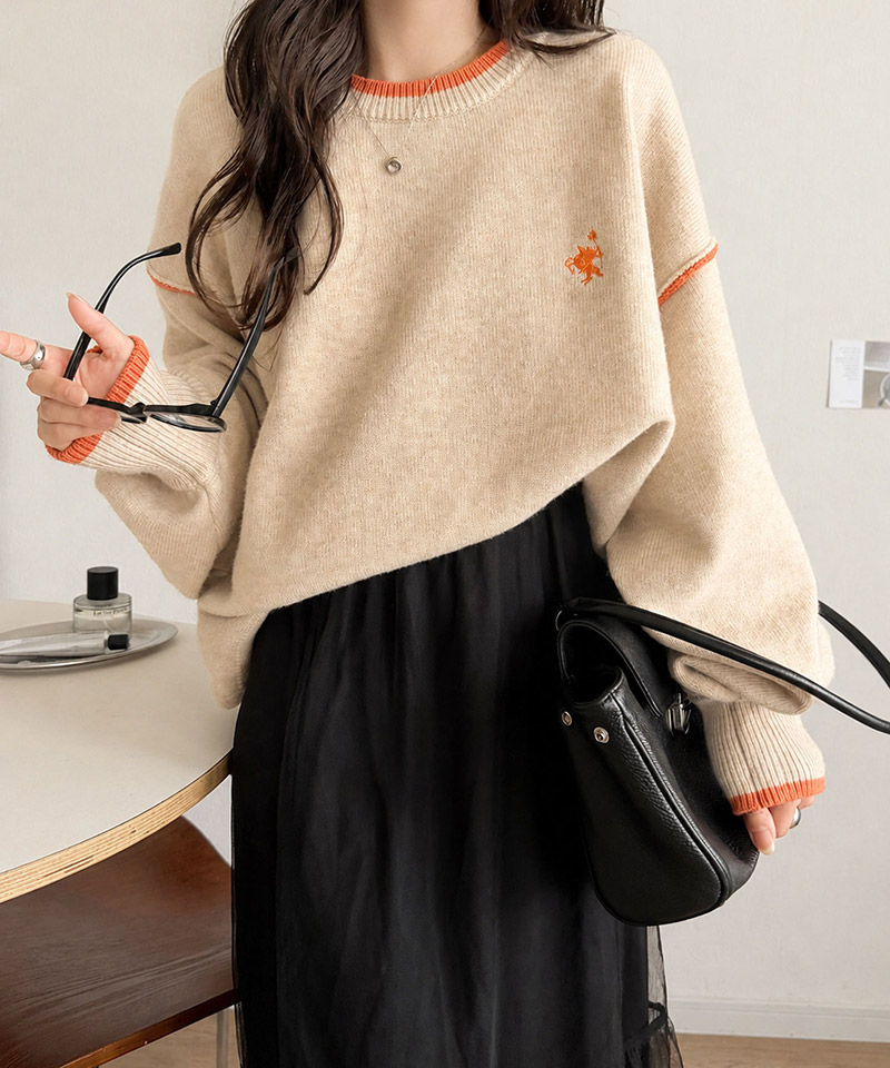 胸刺繍入り配色クルーネックオーバーサイズニット（長袖） Classical Elf クラシカルエルフ ce1350019 | classicalelf | 10