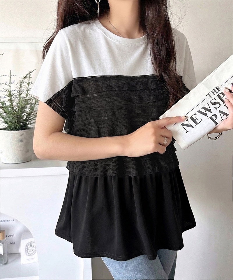 綿100％シルケット加工×シアーフリル切替オーバーサイズペプラムTシャツ Classical Elf クラシカルエルフ ce1410008 | classicalelf | 08