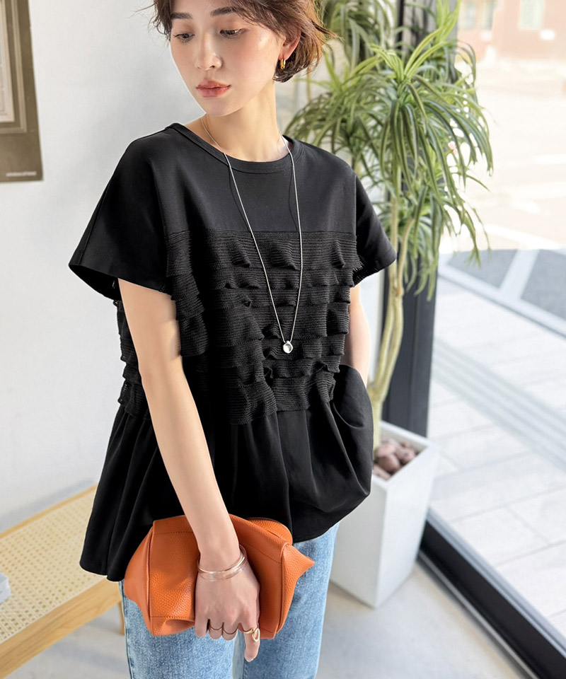 綿100％シルケット加工×シアーフリル切替オーバーサイズペプラムTシャツ Classical Elf クラシカルエルフ ce1410008 | classicalelf | 13