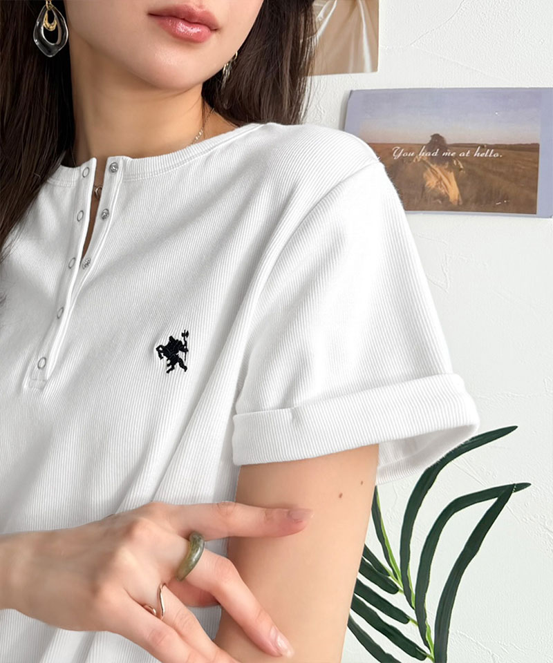 すっきり華奢魅せ。袖ロールアップ胸刺繍入りヘンリーネックリブTシャツ (半袖) Classical Elf クラシカルエルフ ce1410009 | classicalelf | 05