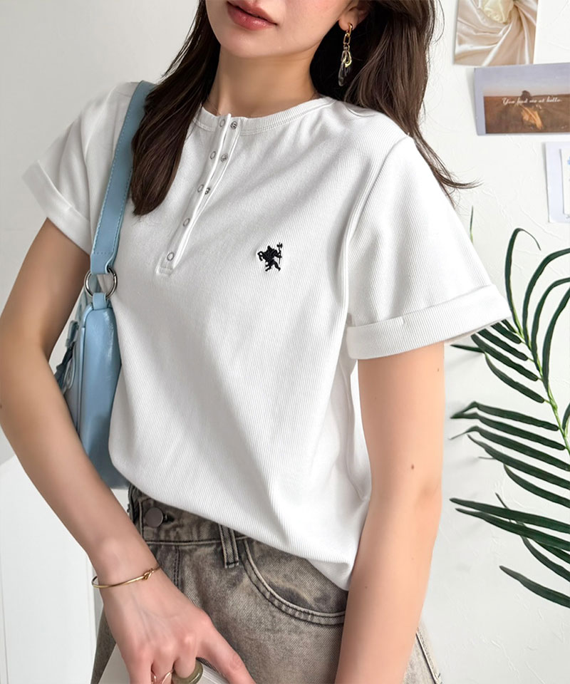 すっきり華奢魅せ。袖ロールアップ胸刺繍入りヘンリーネックリブTシャツ (半袖) Classical Elf クラシカルエルフ ce1410009 | classicalelf | 07