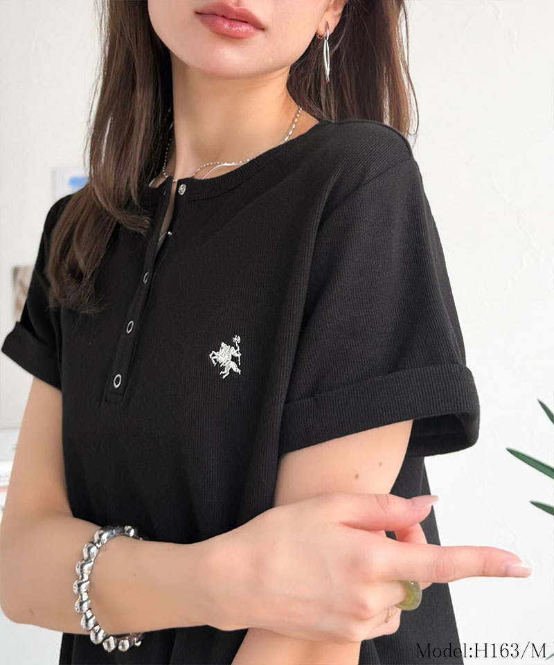 すっきり華奢魅せ。袖ロールアップ胸刺繍入りヘンリーネックリブTシャツ (半袖) Classical Elf クラシカルエルフ ce1410009 | classicalelf | 08