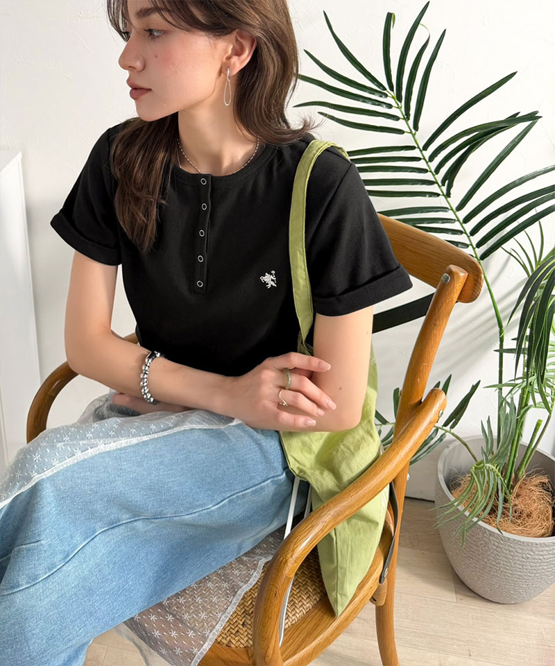 すっきり華奢魅せ。袖ロールアップ胸刺繍入りヘンリーネックリブTシャツ (半袖) Classical Elf クラシカルエルフ ce1410009 | classicalelf | 11