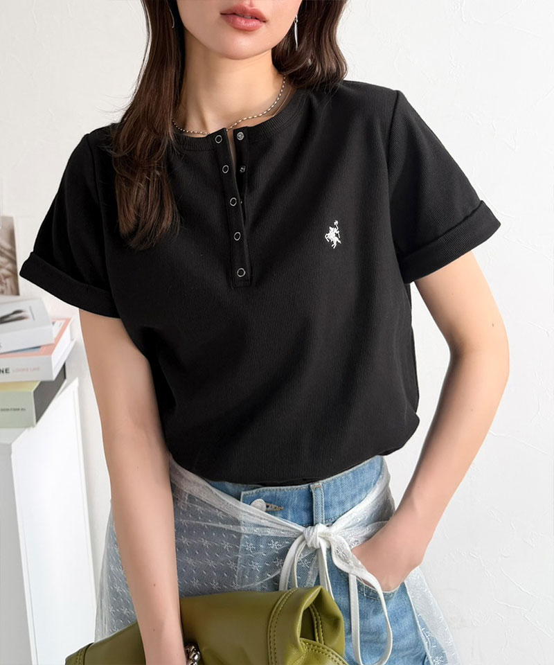すっきり華奢魅せ。袖ロールアップ胸刺繍入りヘンリーネックリブTシャツ (半袖) Classical Elf クラシカルエルフ ce1410009 | classicalelf | 12