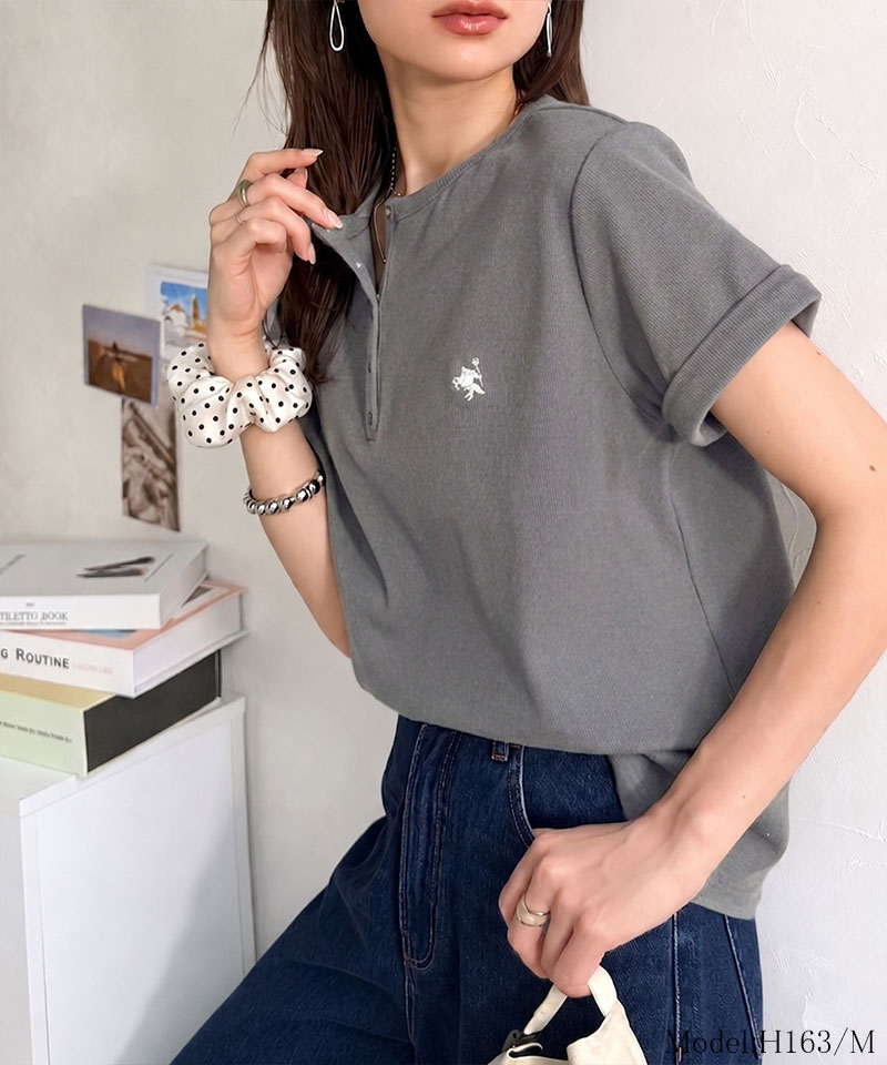 すっきり華奢魅せ。袖ロールアップ胸刺繍入りヘンリーネックリブTシャツ (半袖) Classical Elf クラシカルエルフ ce1410009 | classicalelf | 13