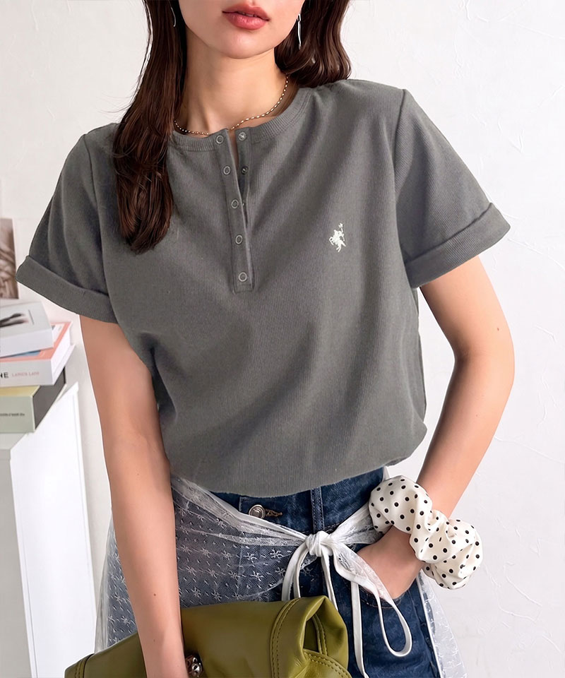 すっきり華奢魅せ。袖ロールアップ胸刺繍入りヘンリーネックリブTシャツ (半袖) Classical Elf クラシカルエルフ ce1410009 | classicalelf | 16