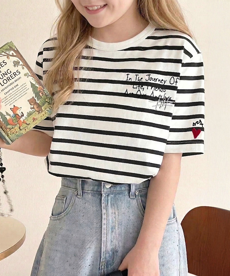 【キッズ】綿100%らくがき風刺繍 無地＆ボーダー柄半袖Tシャツ Classical Elf クラシカルエルフ ck1260396 | classicalelf | 11