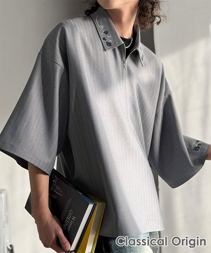 【Classical Origin】 トップス シャツ メンズ 刺繍 ジップシャツ シンプル 華やか ヘリンボンストライプ生地 ZIP ゆとり レイヤード サイドスリット | classicalelf