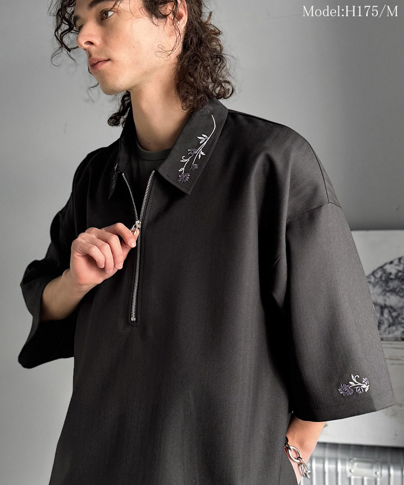 【Classical Origin】 トップス シャツ メンズ 刺繍 ジップシャツ シンプル 華やか ヘリンボンストライプ生地 ZIP ゆとり レイヤード サイドスリット | classicalelf | 02