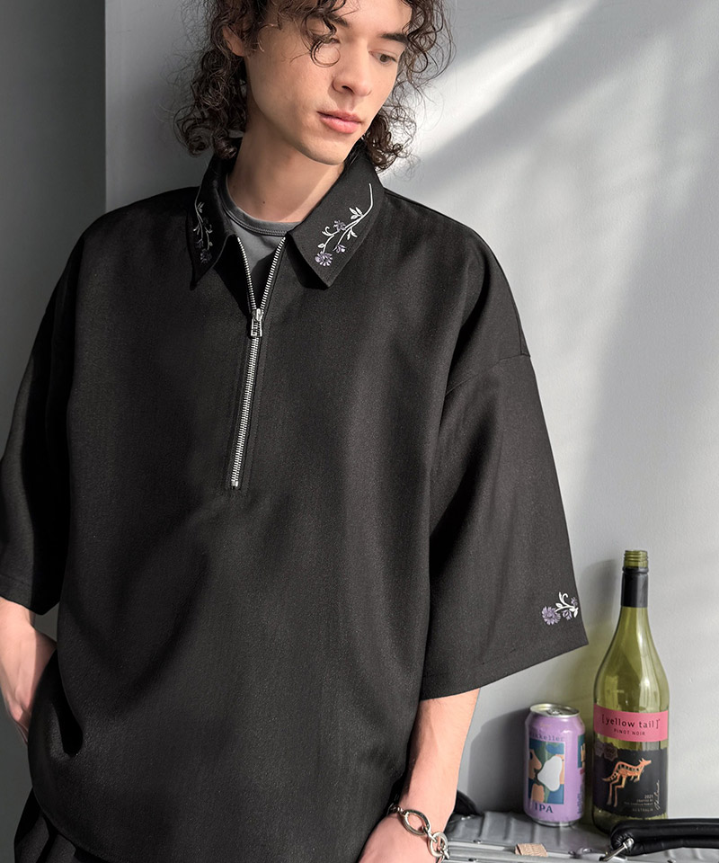 【Classical Origin】 トップス シャツ メンズ 刺繍 ジップシャツ シンプル 華やか ヘリンボンストライプ生地 ZIP ゆとり レイヤード サイドスリット | classicalelf | 03