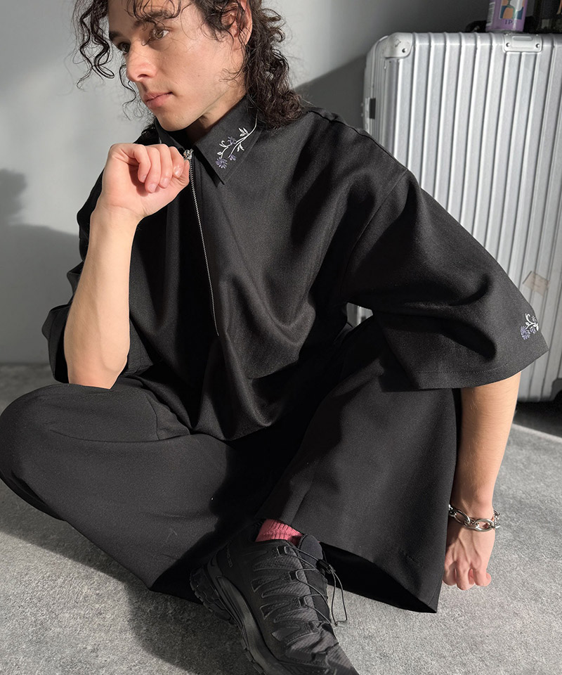 【Classical Origin】 トップス シャツ メンズ 刺繍 ジップシャツ シンプル 華やか ヘリンボンストライプ生地 ZIP ゆとり レイヤード サイドスリット | classicalelf | 04