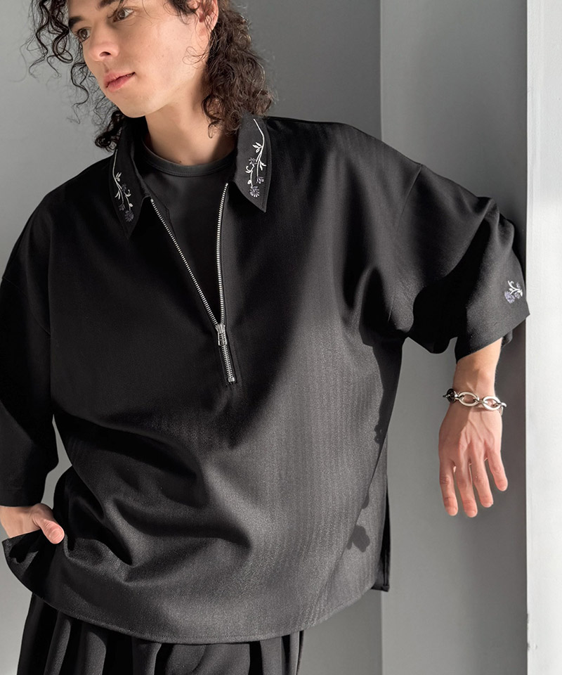 【Classical Origin】 トップス シャツ メンズ 刺繍 ジップシャツ シンプル 華やか ヘリンボンストライプ生地 ZIP ゆとり レイヤード サイドスリット | classicalelf | 05