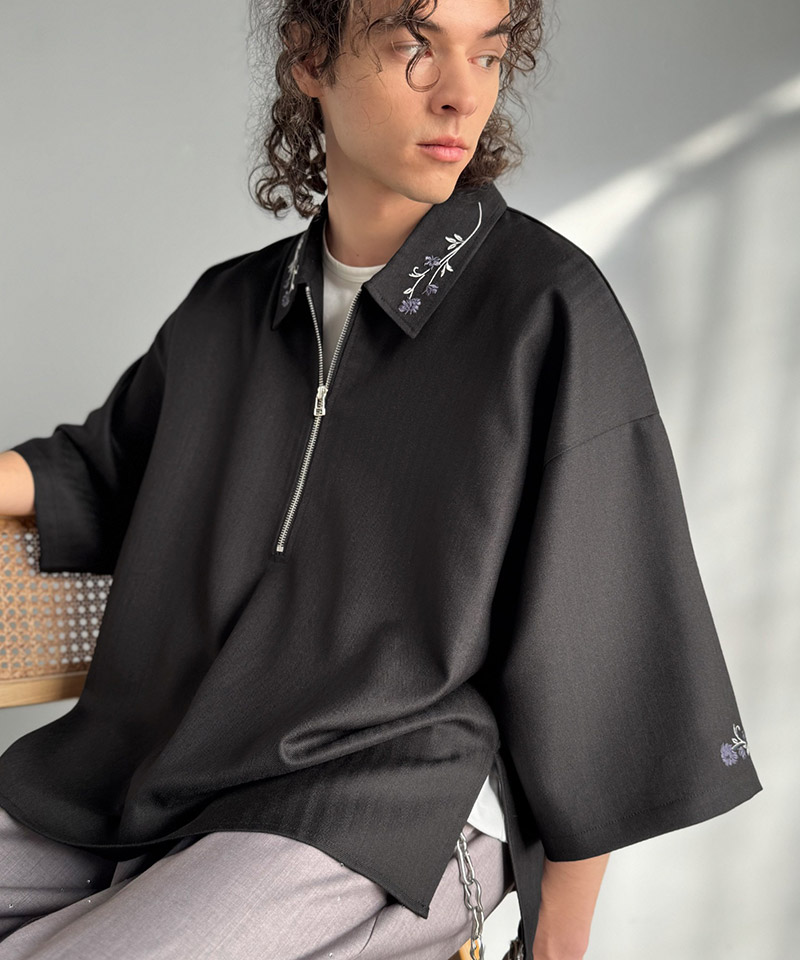 【Classical Origin】 トップス シャツ メンズ 刺繍 ジップシャツ シンプル 華やか ヘリンボンストライプ生地 ZIP ゆとり レイヤード サイドスリット | classicalelf | 06