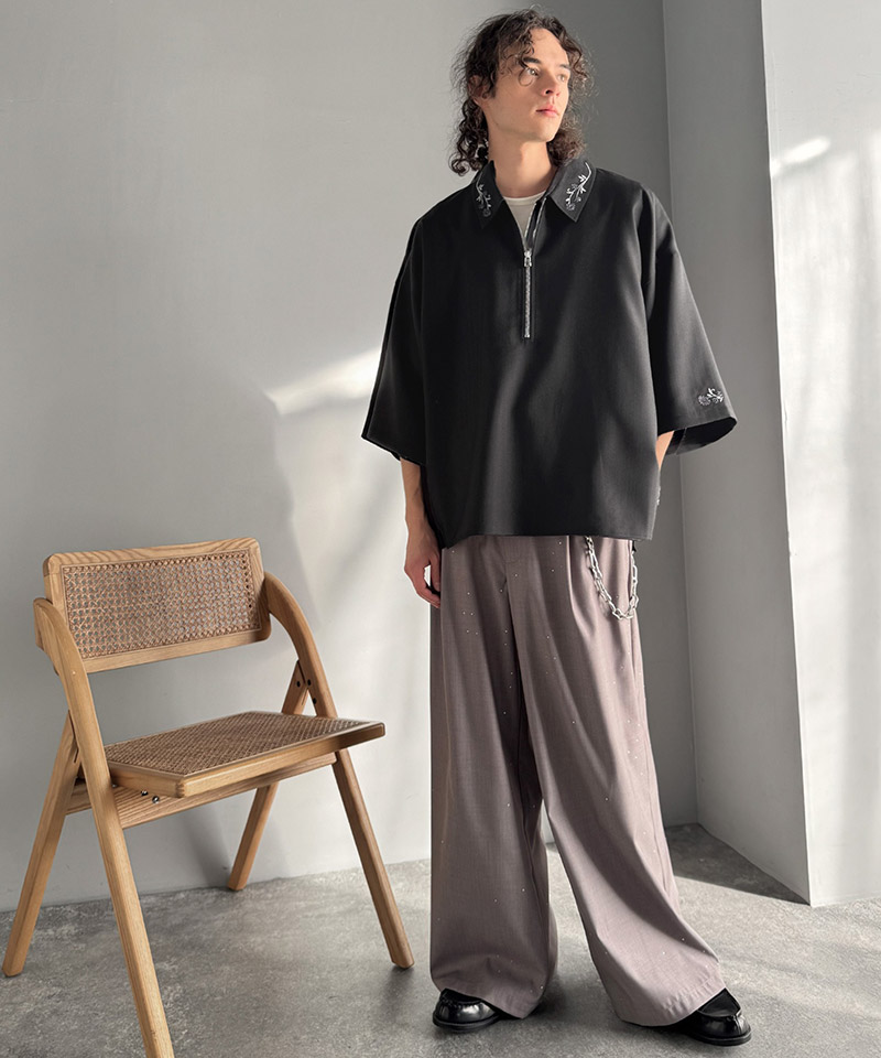 【Classical Origin】 トップス シャツ メンズ 刺繍 ジップシャツ シンプル 華やか ヘリンボンストライプ生地 ZIP ゆとり レイヤード サイドスリット | classicalelf | 07