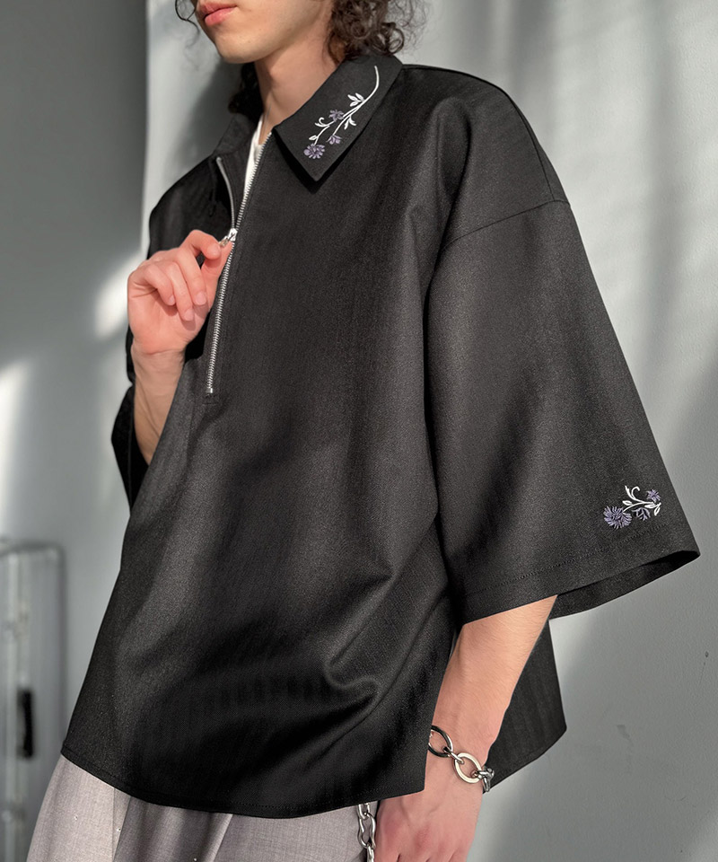 【Classical Origin】 トップス シャツ メンズ 刺繍 ジップシャツ シンプル 華やか ヘリンボンストライプ生地 ZIP ゆとり レイヤード サイドスリット | classicalelf | 08