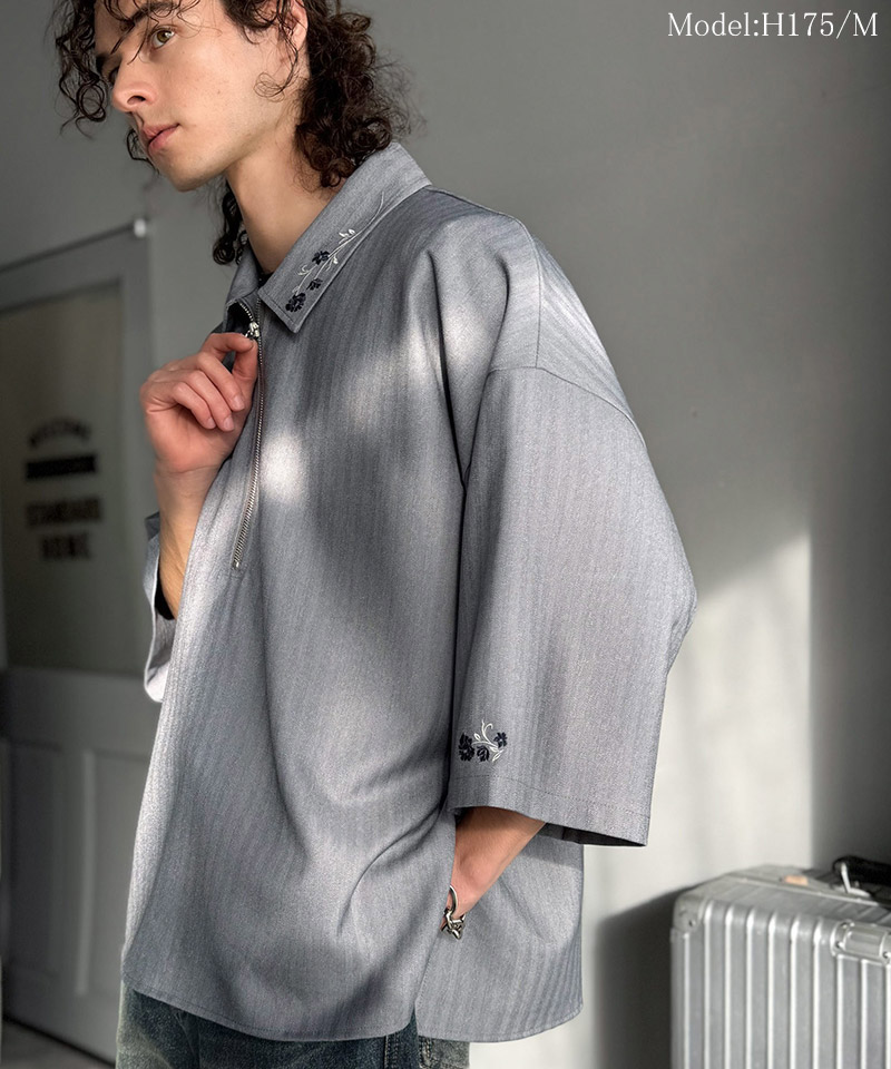 【Classical Origin】 トップス シャツ メンズ 刺繍 ジップシャツ シンプル 華やか ヘリンボンストライプ生地 ZIP ゆとり レイヤード サイドスリット | classicalelf | 09