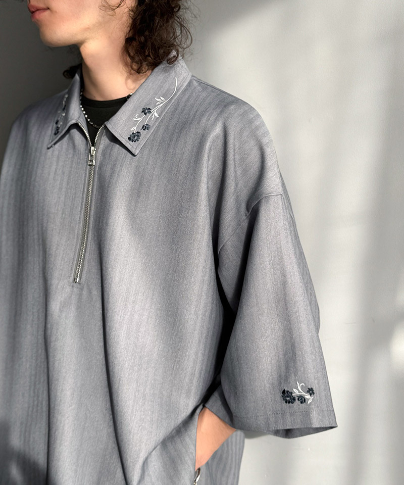 【Classical Origin】 トップス シャツ メンズ 刺繍 ジップシャツ シンプル 華やか ヘリンボンストライプ生地 ZIP ゆとり レイヤード サイドスリット | classicalelf | 10