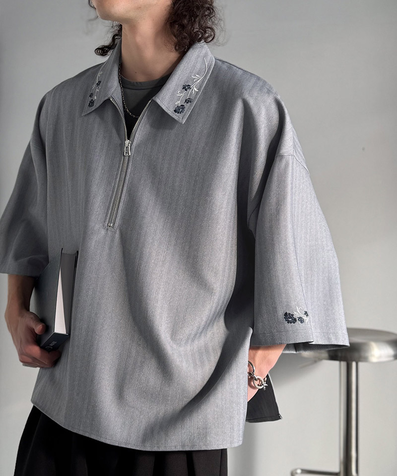 【Classical Origin】 トップス シャツ メンズ 刺繍 ジップシャツ シンプル 華やか ヘリンボンストライプ生地 ZIP ゆとり レイヤード サイドスリット | classicalelf | 11