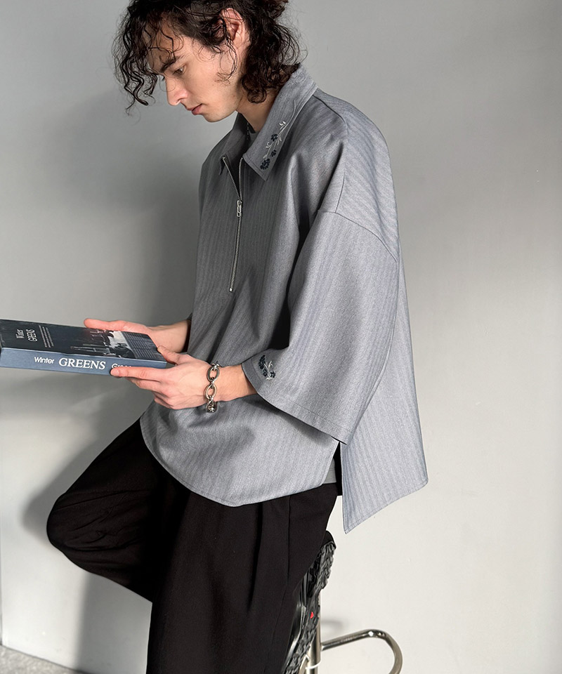 【Classical Origin】 トップス シャツ メンズ 刺繍 ジップシャツ シンプル 華やか ヘリンボンストライプ生地 ZIP ゆとり レイヤード サイドスリット | classicalelf | 13