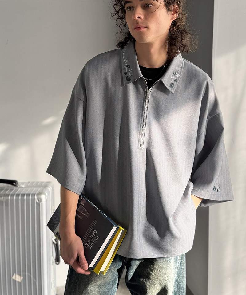 【Classical Origin】 トップス シャツ メンズ 刺繍 ジップシャツ シンプル 華やか ヘリンボンストライプ生地 ZIP ゆとり レイヤード サイドスリット | classicalelf | 14