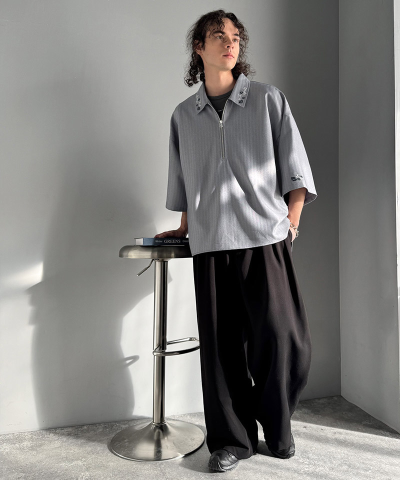 【Classical Origin】 トップス シャツ メンズ 刺繍 ジップシャツ シンプル 華やか ヘリンボンストライプ生地 ZIP ゆとり レイヤード サイドスリット | classicalelf | 15